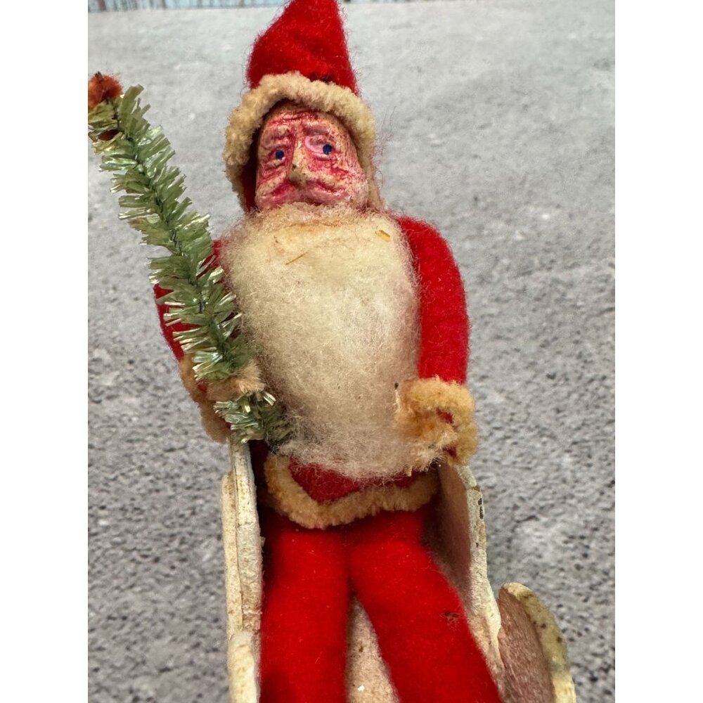 Antique 1930s Japan Santa Cardboard Sleigh Molded Composition Face Brush Tree - Picture 9 of 9